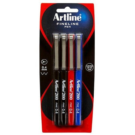 Artline 200 Fineline Pen 0.4mm Assorted 4pk
