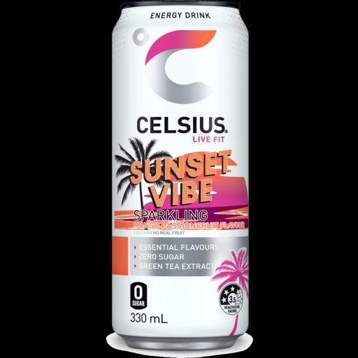 Celsius Sunset Vibe Sparkling Mango Passionfruit Flavour 330mL