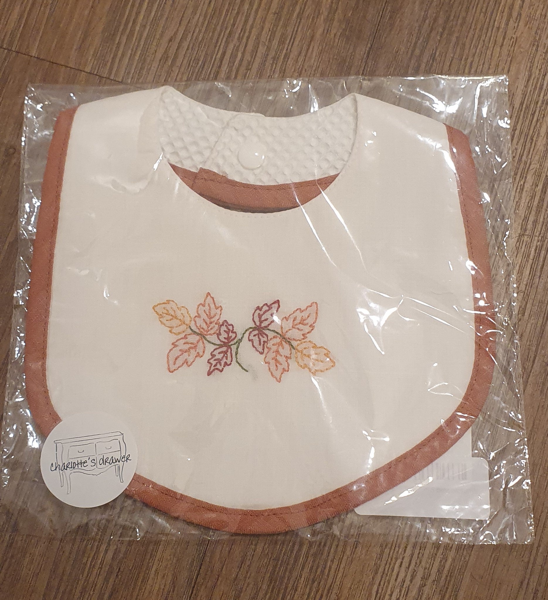 Bib - Charlotte's Drawer Embroidered Linen - Rust with Autumn leaves