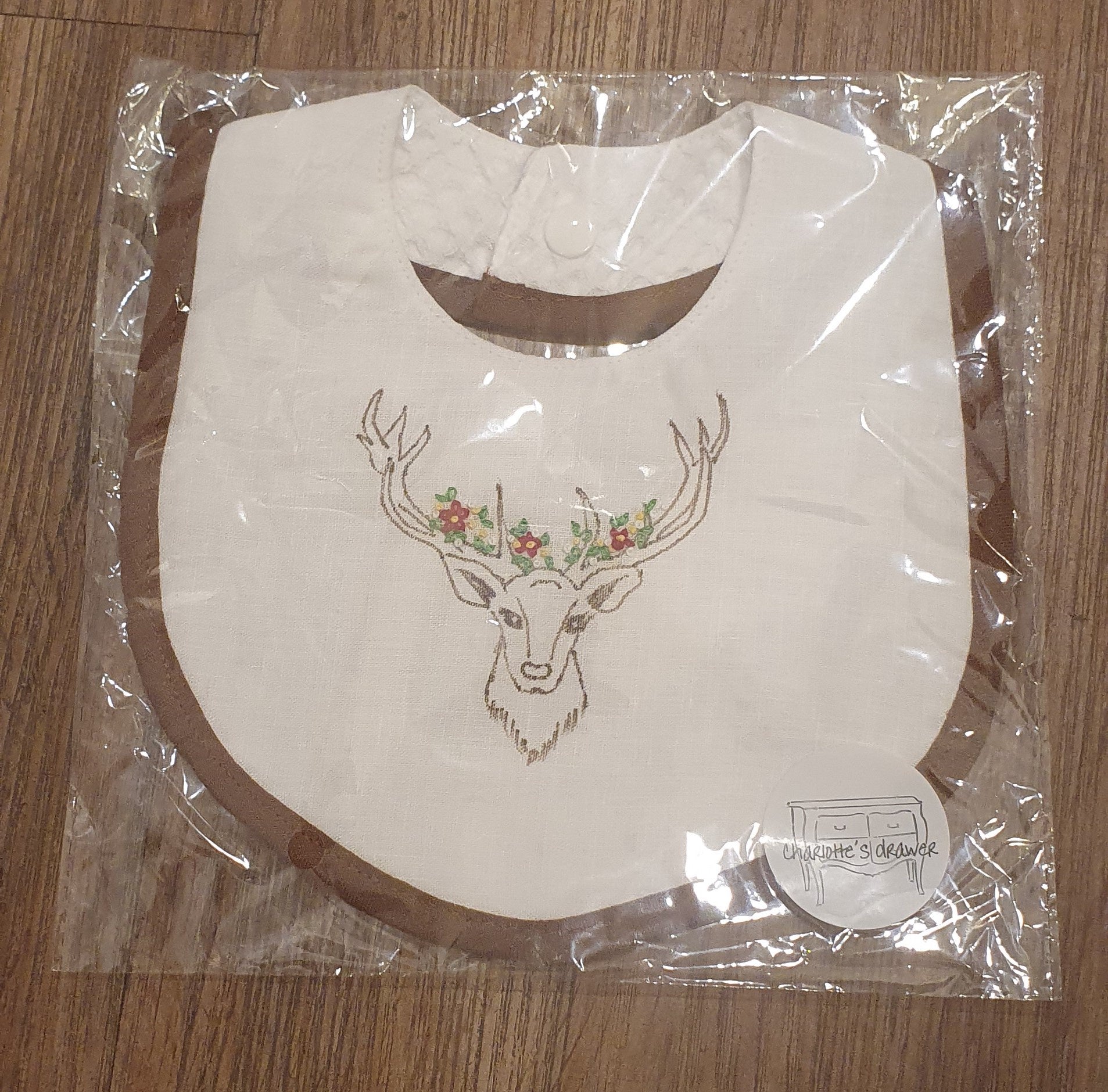 Bib - Charlotte's Drawer Embroidered Linen - Tan with Deer